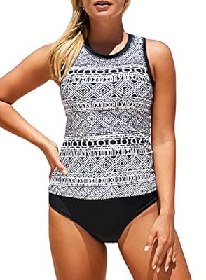 HOTAPEI Women's Plus Size Tankini Swimsuits Black Ethnic Printed High Neck Strappy Tankinis Swimwear for Women with Shorts Maternity Swimsuit Two Piece Bathing Suit Black XX-Large