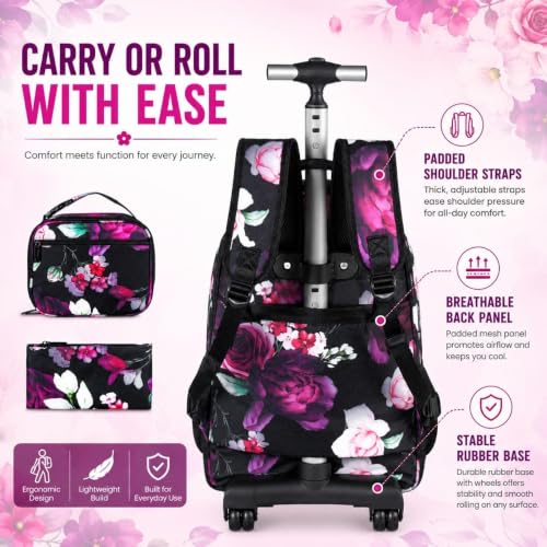 Image of 3Pcs Rolling Backpack for Girls Women, Travel Roller Backpacks with Wheels for Adults, Teens College Rose Wheeled Bookbag with Lunch Box(Black)