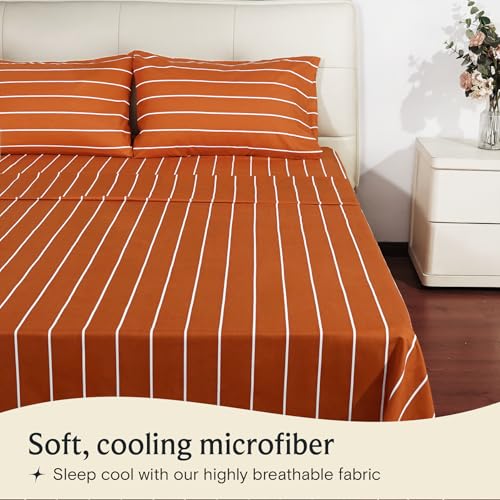 Image of LuxClub 4 PC Sheet Set Bed Sheets Deep Pockets 16 inch Wrinkle Free Cooling Machine Washable Hotel Bedding Silky Soft - Striped-Autumn Orange Full