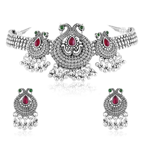 Aheli Silver Plated Rani Pink Green Synthetic Stone Studded Necklace Dangle Earrings Oxidized Ethnic Jewellery Set Gift for Women