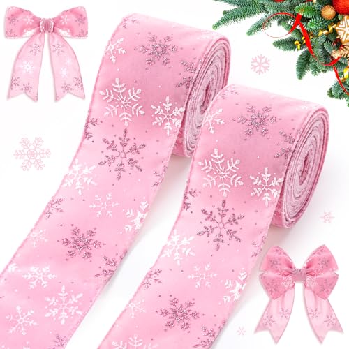 Unittype 2 Rolls/ 20 Yards Christmas Velvet Wired Ribbons with Snowflake Pattern 2.5 Wide Xmas Craft Gift Wrapping Ribbon for Christmas Tree Wreath Decoration DIY Bows Supplies(Pink)