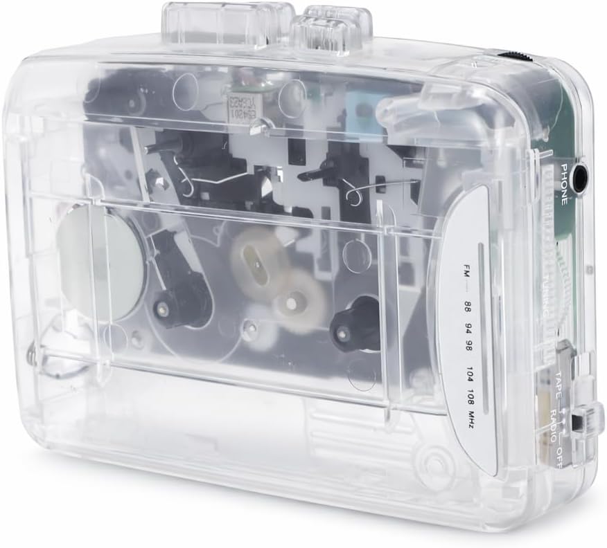 Yoidesu Portable Clear Stereo Cassette Player Retro Tape Recorder with FM Radio and One Touch Recording, Cassette Tape Player with Earphones and Dual Power for Travel Home Use (Transparent White)