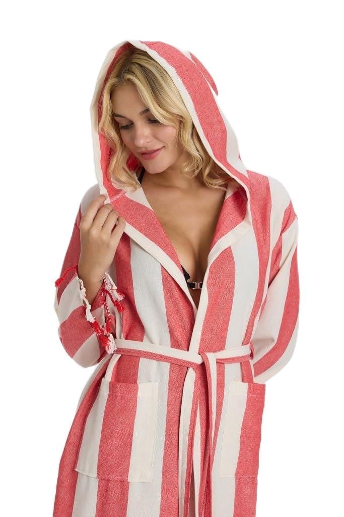 Striped Peştemal Bornoz Banyo ve Plaj Elbisesi Kırmızı L/XL