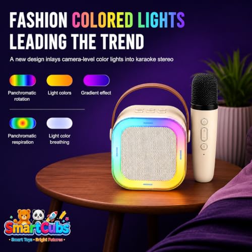 Image of Karaoke Speaker with Wireless Mic for Kids & Adults | Beige Bluetooth Karaoke Machine with RGB LED Lights, Rechargeable Portable Speaker, Stereo Sound | Birthday Gift for Girls & Boys