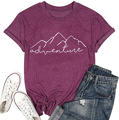 Women and Teen Girls' Athletic Adventure Mountain Heartbeat Short Sleeve Tops Women's Comfy Casual Hiking Camping Shirts, Purple L