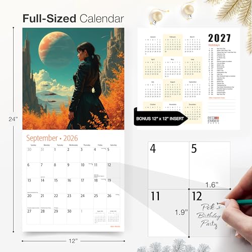 Image of RED EMBER Alien Worlds 2026 Wall Calendar 12 Month | 12 inch x 24 inch Open | Thick & Sturdy Paper | Holiday Gift | Sci Fi Art Calendar 2026