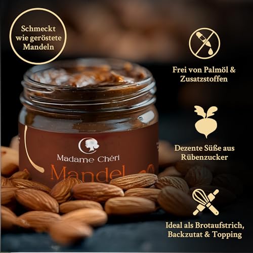 Madame Chéri Mandelcreme 200 g – Cremiger Brotaufstrich aus gerösteten Mandeln & Kichererbsen – Almond Aufstrich für Bowls, Desserts & als Topping – Vegane Mandelcreme ohne Palmöl & Zusatzstoffe
