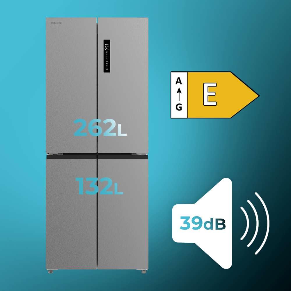 Cecotec Frigorifero 4 Porte Total No Frost Bolero CoolMarket 4D 394 Inox E. 394 Litri, Altezza 170 cm e 70 cm Larghezza, Cassetto Temperatura Variabile, Compressore Inverter, ATT Antibatterico