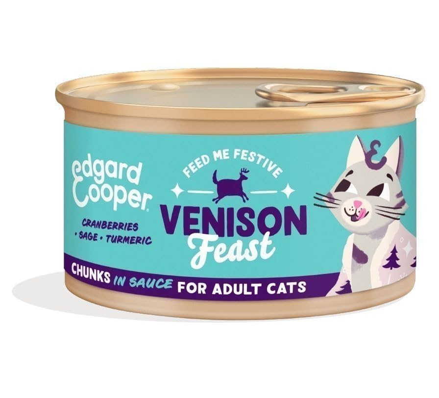Edgard Cooper Wet Cat Food Chunks - Festive Feast - (Venison, 16 x 85g cup), Cereal Free Gluten Free, Fresh meat, High Protein & Natural Ingredients
