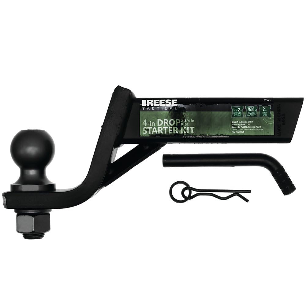 Reese 21621 Tactical Trailer Hitch Ball Mount Starter Kit, Fits 2 Inch Square Receiver, 4 Inch Drop, 7,500 lbs. Capacity, Includes 2 Inch Trailer Ball and Pin & Clip