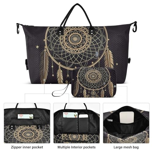 Large Travel Duffel Bag, Gold Dreamcatcher Feather Sports Tote Gym Bag, Shoulder Weekender Overnight Bag for Women Men, Carry On Luggage with Toiletry Bags2