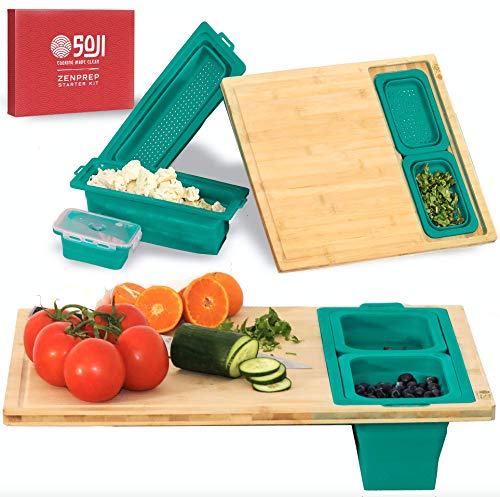 ZENPREP Bamboo Cutting Board with Containers - Collapsible Silicone Containers,Trays - Extra Large 15x20in Chopping Board with Juice Groove - Reversible Serving Board (Teal)