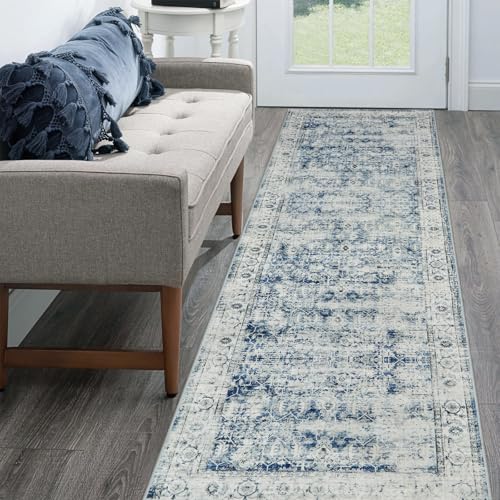Morebes Vintage Washable Laundry Room Rugs and Mats,2.5x8 Blue Runner Rug Non Slip,Long Runner Rug for Entryway Indoor, Distressed Throw Rug Indoor Entrance Floor Carpet Runner, Blue