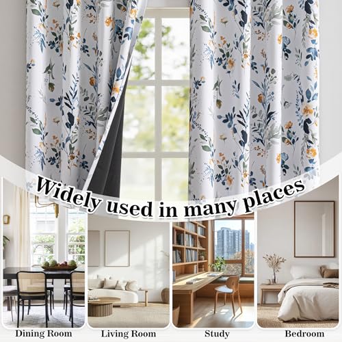Image of MYSKY HOME 95% Blackout Floral Curtains 90 inch Long for Bedroom Living Room Flower Patterned Room Darkening Thermal Insulated Soundproof Grommet Window Treatments, 2 Panels, 52 inch Wide, Yellow and Blue