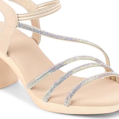 Image of JM LOOKS Women's Sandal Strappy Embellished Heels Ankel Strap Square Toe Lightweight Comfortable Stylish for Wedding Party Festivel Occasion.