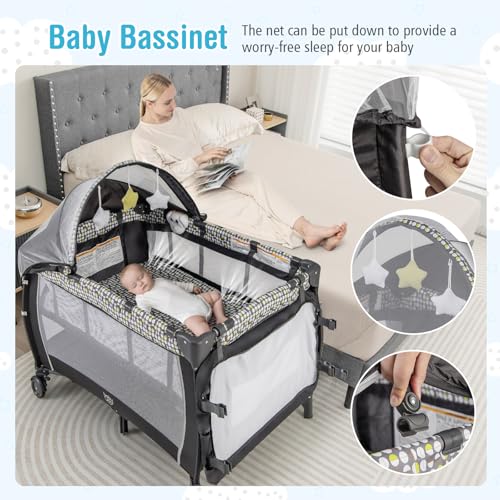 Image of BABY JOY 4 in 1 Pack and Play, Portable Baby Playard with Bassinet, Adjustable Canopy, Changing Table, Lockable Wheels, Glowing Music Box, Travel Baby Crib Bassinet Bed from Newborn to Toddler Grey