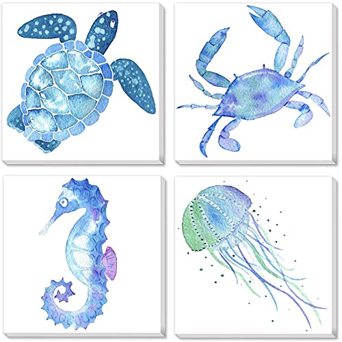 TEXTURE OF DREAMS Watercolor Sea Animals Painting on Canvas Wall Art, Sea Turtle Seahorse Crab Jellyfish, Blue Ocean Theme Baby Nursery Boy Room Wall Decor, 4 Pack (10