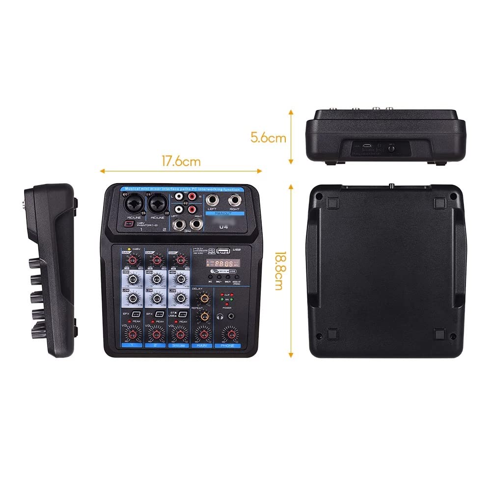U4 - Mezclador de audio portátil de 4 canales BT USB con tarjeta de sonido integrada Phantom de 48 V