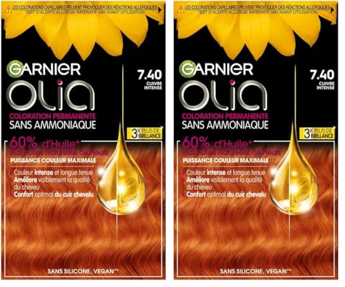 Garnier Coloration Permanente - Sans Ammoniaque - Aux Huiles Naturelles de Fleurs - Cuivré Intense (7.40) - Olia Vivids