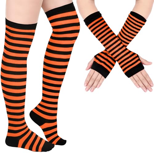 Image of Geyoga Arm Warmers Leg Warmers Striped Thigh High Socks Fingerless Gloves Stockings Christmas Halloween