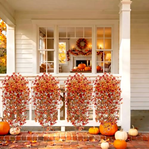 Image of Bassion Artificial Mums for Outdoor, 2 Pcs Fake Fall Hanging Flowers, Mixed