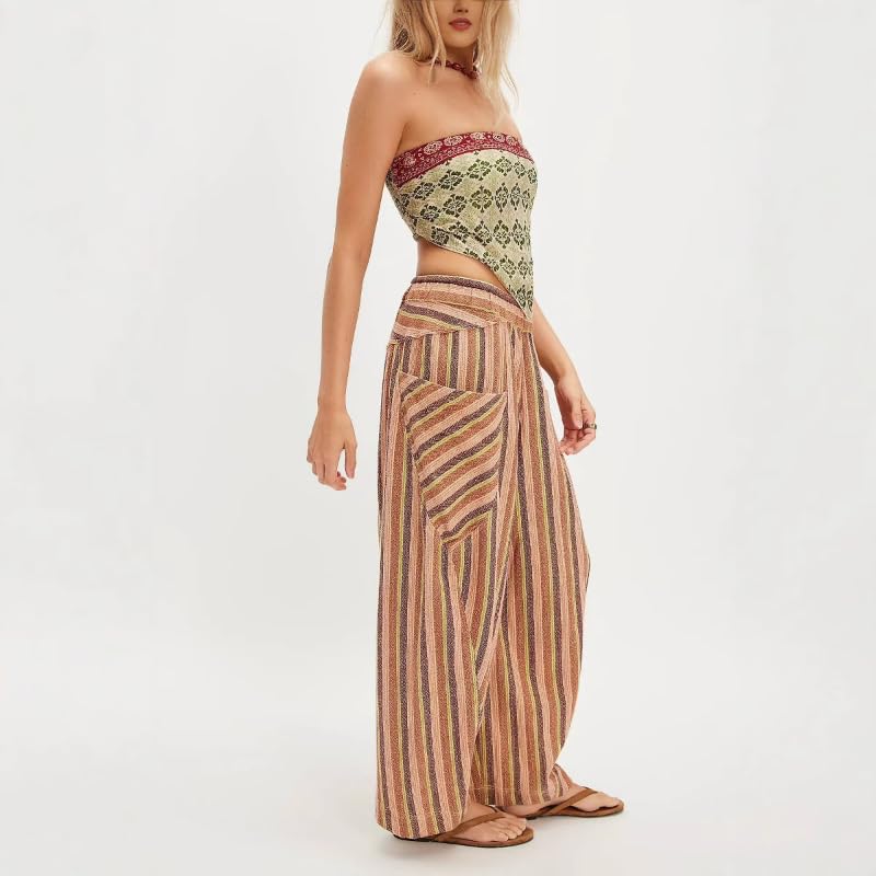 Women's Retro Striped Loose Wide Leg Casual Pants with Palace Pockets Y2K Pants3