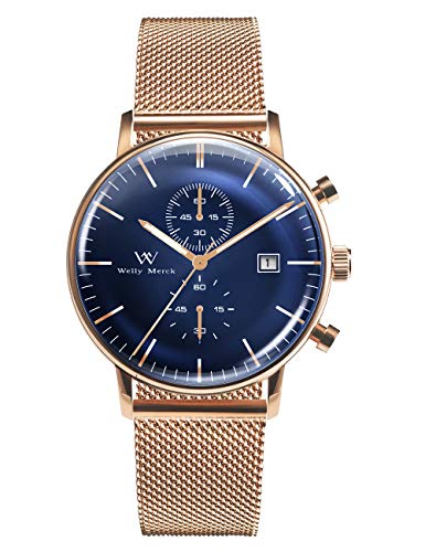 Welly Merck Wrist Watch for Men Chronograph Quartz Movement with Date 40MM Stainless Steel Luxury Analog Watch with Domed Glass,Interchangeable Band,5ATM Waterproof