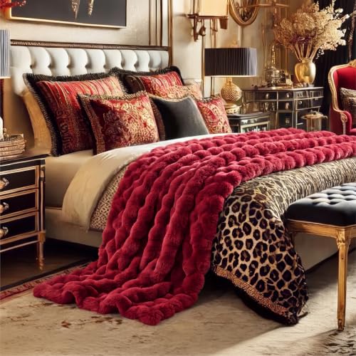 Image of Bedsure Fluffy Bubble Faux Fur Queen Blanket, 90 inchx90 inch, Red