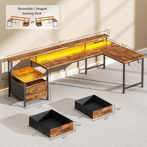Image of Korfile 66'' L Shaped Computer Desk with Storage Drawers, Power Outlet, LED