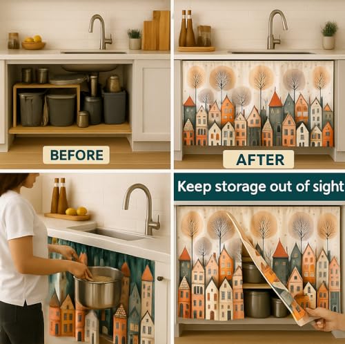 Image of Premium Printed Kitchen Sink Curtain | Washable & Dustproof Rod Pocket Counter Skirt | Perfect for Any Sink,Counter | Multicolor Cooking Theme for Home & Kitchen (150cm X 70cm) (2, City)