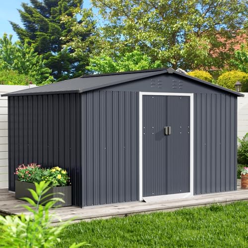 8x10 Ft Outdoor Storage Shed, Steel Utility Tool Shed with Sloped Roof & Lockable Door, Backyard Garden Patio Lawn Outdoor Shed for Storing Tools and Equipment in Yard, Grey