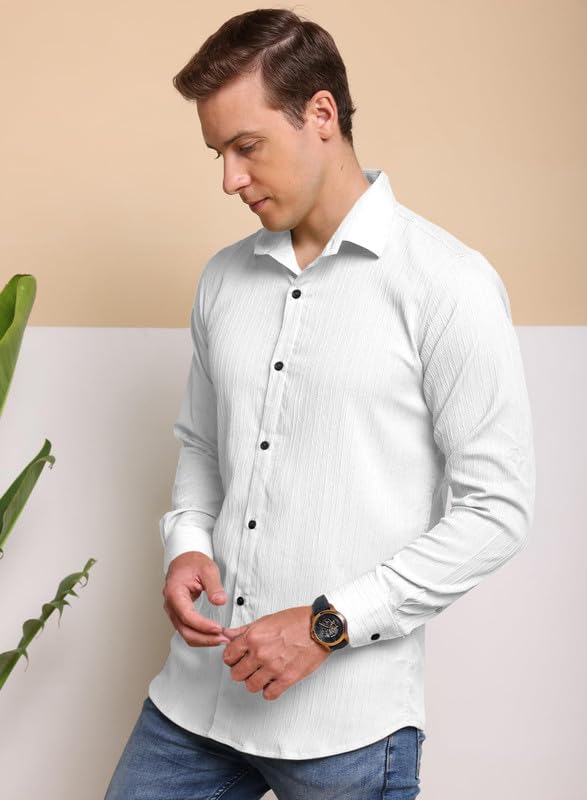Image of Macsivo Men's Popcorn Shirt with Spread Collared Long Sleeve Button Down Closure Curved Hem Length | Linen Shirt for Man