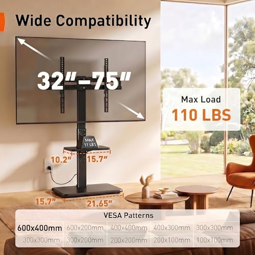 Image of Perlegear Floor TV Stand with Power Outlet, Universal TV Stand for 32-75 inch TVs up to 110 lbs, Height Adjustable Standing TV Mount, Tall TV Mount with Wood Base, Max VESA 600x400mm, PGFS06