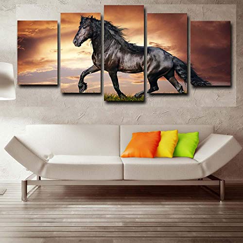 Tableau cheval noir en impression sur toile 5 pièces pour décoration moderne de salon sans cadre