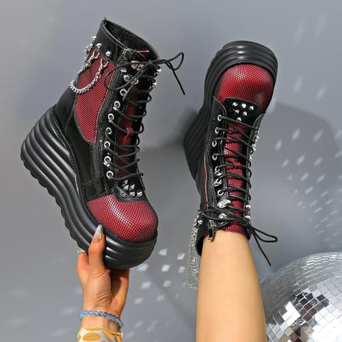 Women's Gothic Combat Ankle Boots Chain Buckle Lace Up Round Toe Platform Chunky Wedge Booties Punk Motorcycle Boots2
