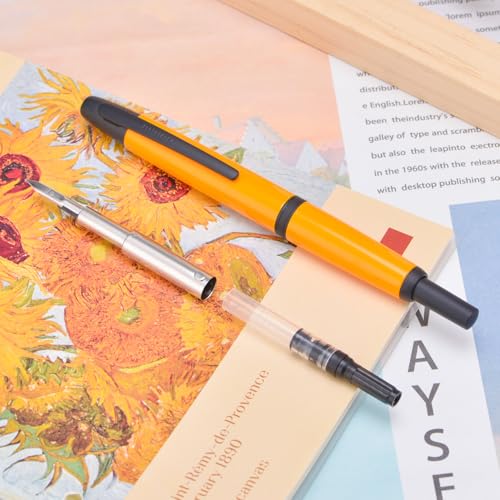 Image of Jinhao 10 Press Fountain Pen with Box, Orange Retractable Extra Fine Nib with Ink Converter Set (Black Clip)