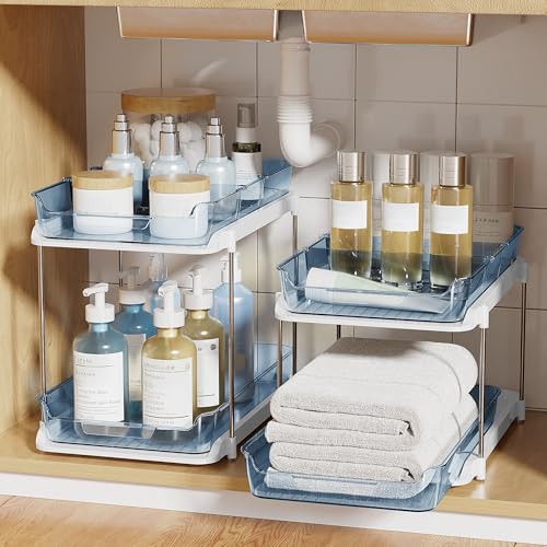 Image of Delamu 2-Tier Multi-Purpose Bathroom Under Sink Organizers and Storage, Stackable Kitchen Pantry Organization, Pull Out Medicine Cabinet Organizer with Movable Dividers, Blue, 2 Pack