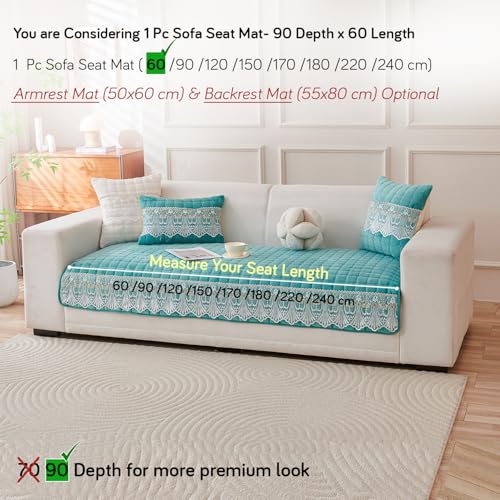 Image of HOKIPO 'BelleLace Series' Imperial Milk Velvet Sofa Cover Mat with Lace Design| Make Your Own Sofa Cover Set, Mat Length 90(D) x 60(L) cm, Teal (AR-5962-TEAL)