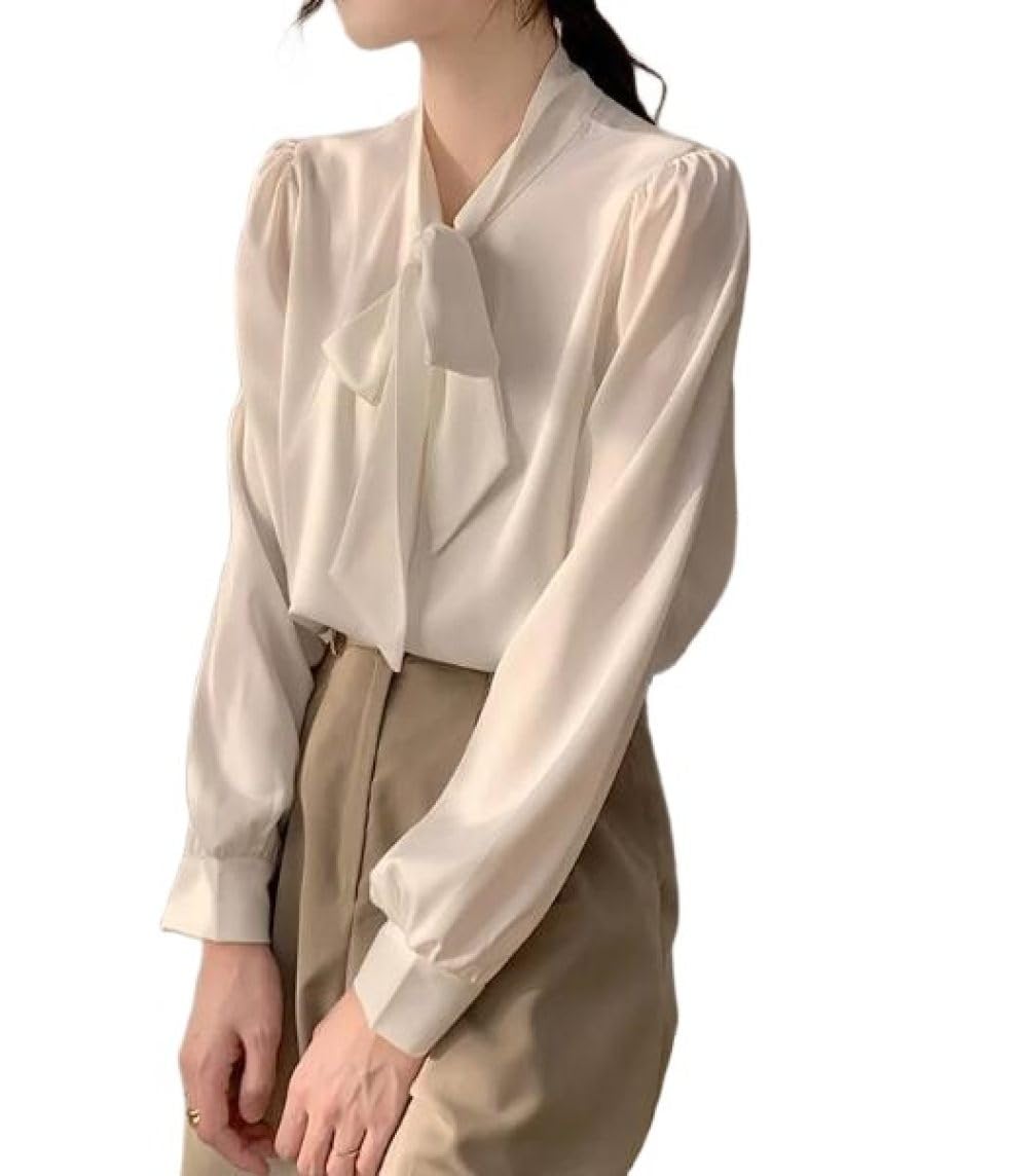 Lockeres Damenhemd,Damen Satin Seide Bluse Shirt Weiß V-Ausschnitt Schleife Langarm Mode Shirts Business Hemd Mit Knopf Sexy Party Tops Lässige Arbeit Büro Bluse Für Mädchen Damen