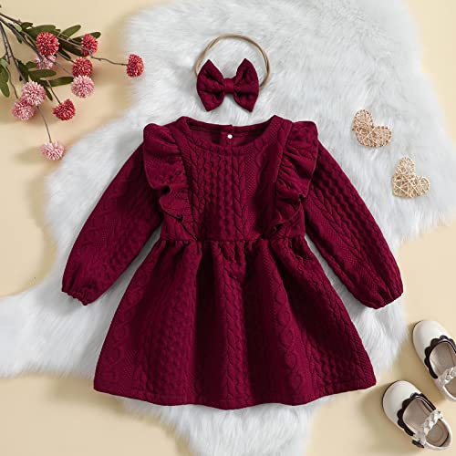 Baby Girl Knit Dress Long Sleeves Sweater Dress Toddler Fall Winter Outfits with Bowtie2