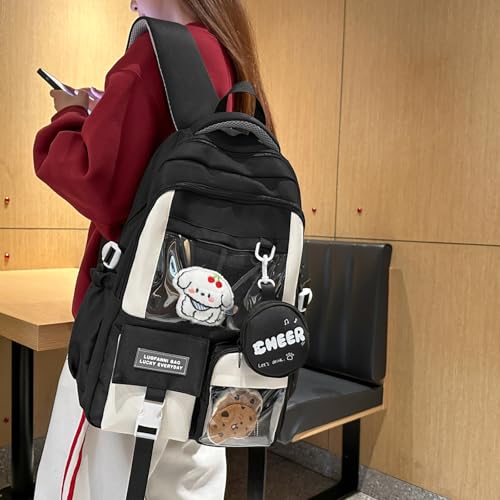 Teclado Kawaii Backpack with Cute Accessories Nylon Casual Bookbags with Pendants Lightweight Laptop Bag Travel Daypacks (Black)2