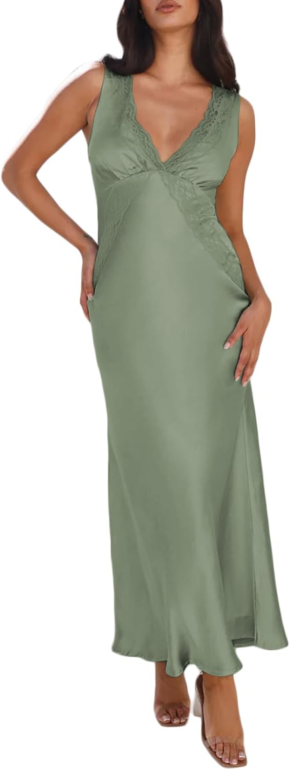 BAGONE Summer Satin Lace V Neck Backless Wedding Guest Maxi Dresses for Women Elegant Sleeveless Open Back Cocktail Dress