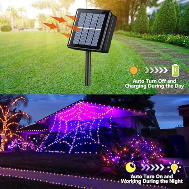 QITONG Orange and Purple Solar String Lights, 2 Pack Each 66ft 200 LED Halloween String Lights Outdoor Waterproof, 8 Modes Christmas Solar Light