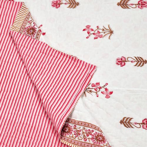Image of BLOCKS OF INDIA Hand Block Printed Cotton King Size Quilt /Rajai | Pink Peach FLR