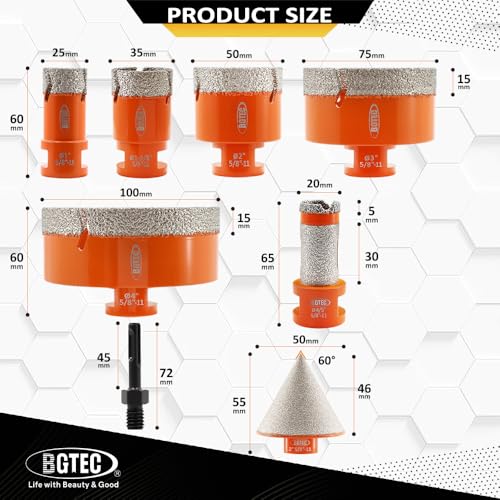 Image of BGTEC Diamond Hole Saw Kit - 8PCS 25 /35 /50 /75 /100mm Core Bit + 20mm Finger Bit + 50mm Chamfer Bit + SDS Adapter for Porcelain Tile, Ceramic, Marble, Granite