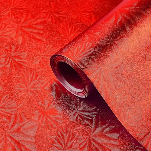 Jecery Embossed Floral Foil Paper Metallic Wrapping Paper Colored Foil Sheets for Crafts Scrapbook Florist Cake Board Cake Drums Gift Wrapping, 15.7 Inch 46 Ft (Red)
