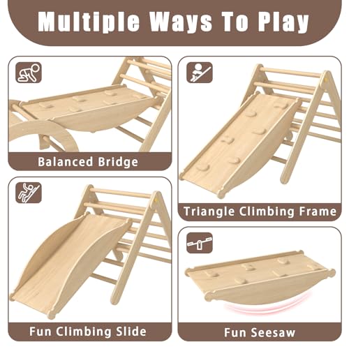 REFGY Pikler Triangle Set, Wooden Montessori Toddler Climbing Toys Indoor, Foldable Baby Climbing Toys for Toddlers 1-3 Inside, Indoor Jungle Gym for Kids (Natural) - Thumbnail 4