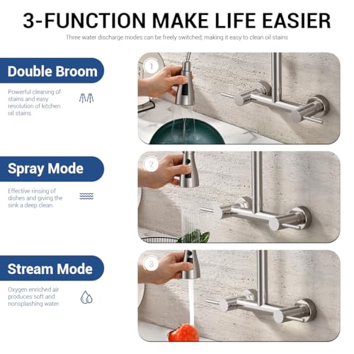 Image of Wall Mount Kitchen Faucet with Pull Down Sprayer 3 Functions, 304 Stainless Steel Wall Mount Faucet 8 Inch Center, 2 Handle Kitchen Sink Faucet High Arc 360 Swivel, Brushed Nickel