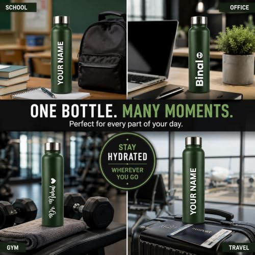 Image of Courage Personalised Stainless Steel Water Bottle 1 Litre | Custom Name Engraved Bottle | Leak-Proof, BPA-Free, Rust-Resistant | Stylish Gift for Kids, Women & Men | Office, School & Gym Use (Green)