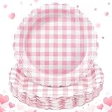 NatNarr 30 Pcs Light Pink Gingham Plates, 9 Inch Valentines Plates Scalloped Plaid Dessert Dinner Party Plates Pink and White Gingham Party Supplies for Girls Baby Shower, Wedding, Birthday